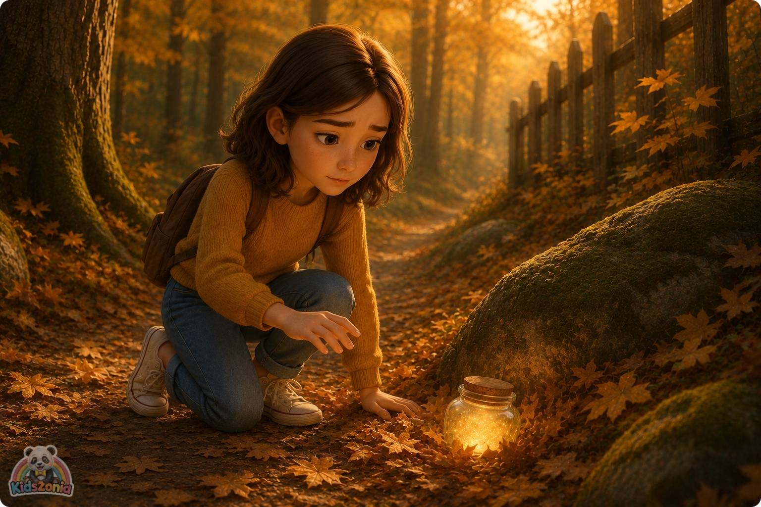 Lila finding a small glowing glass jar under fallen leaves in Henderson Woods, showing hope, sadness, divorce, healing, mystery, and emotional courage.