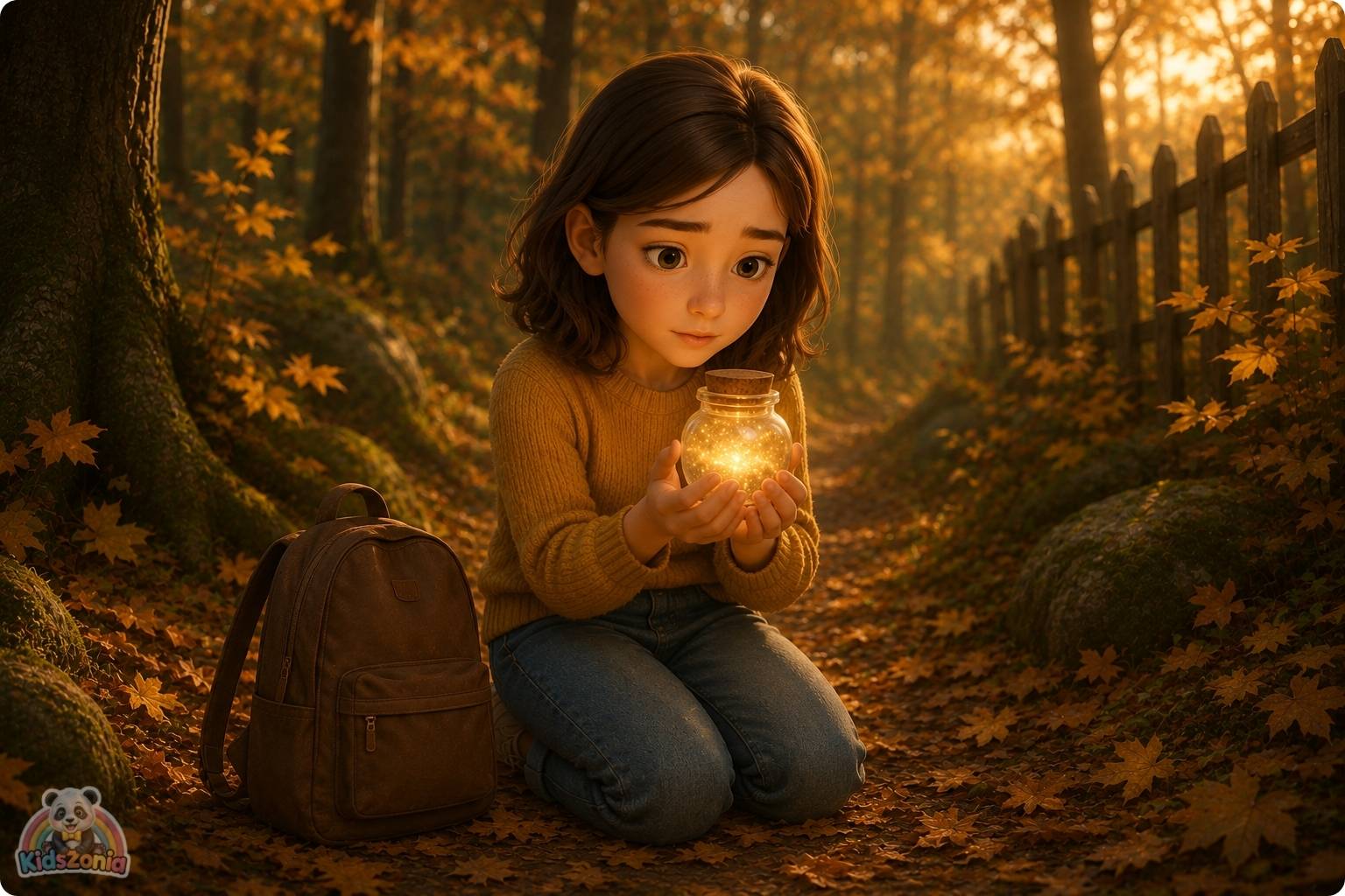 Lila finding a small glowing glass jar under fallen leaves in Henderson Woods, showing hope, sadness, divorce, healing, mystery, and emotional courage.