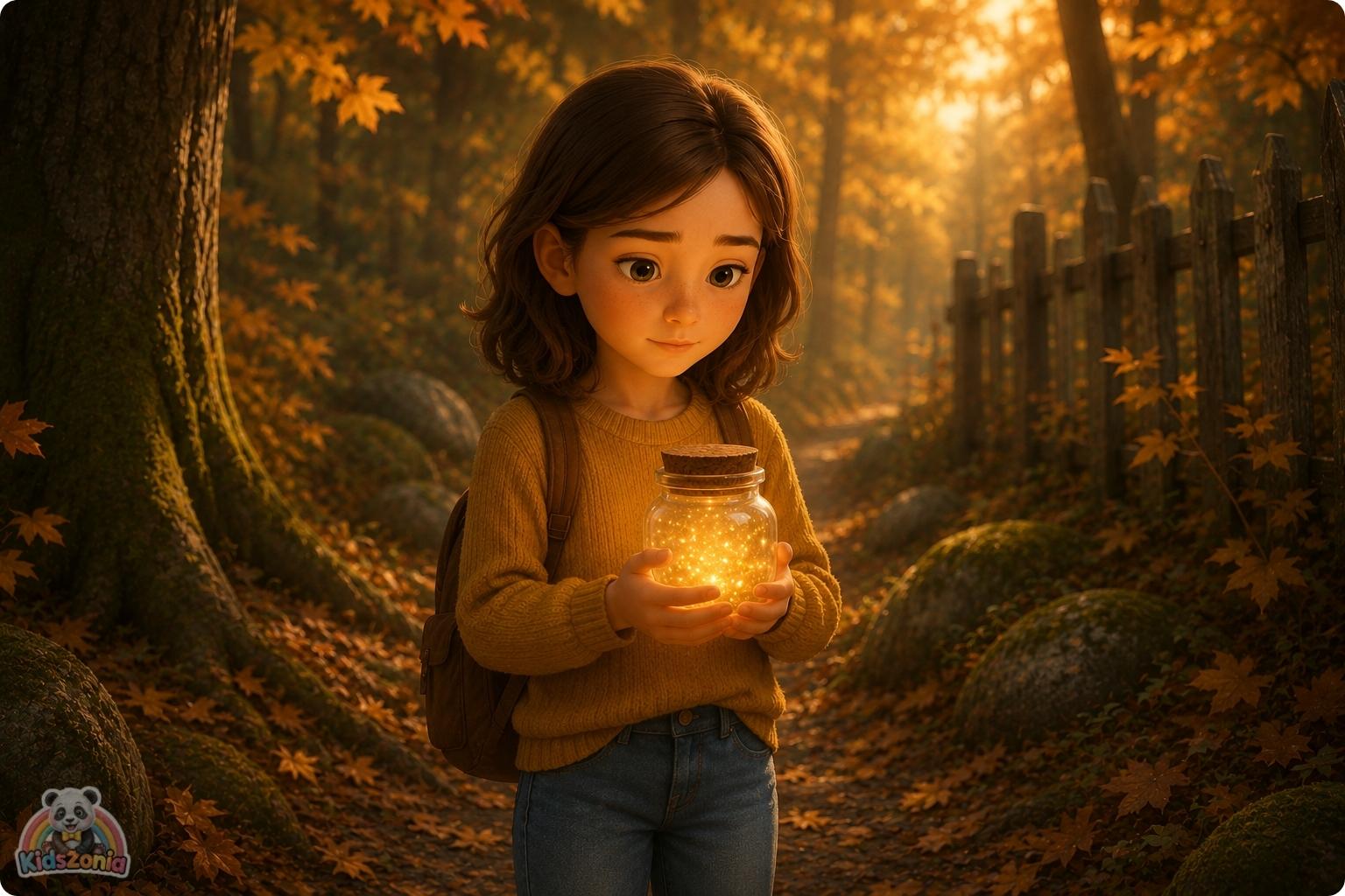 Lila finding a small glowing glass jar under fallen leaves in Henderson Woods, showing hope, sadness, divorce, healing, mystery, and emotional courage.