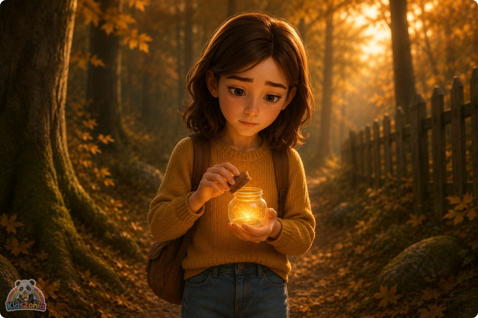 Lila finding a small glowing glass jar under fallen leaves in Henderson Woods, showing hope, sadness, divorce, healing, mystery, and emotional courage.