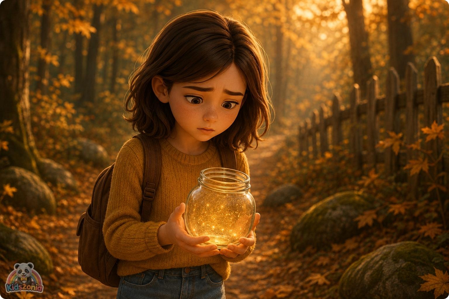 Lila finding a small glowing glass jar under fallen leaves in Henderson Woods, showing hope, sadness, divorce, healing, mystery, and emotional courage.