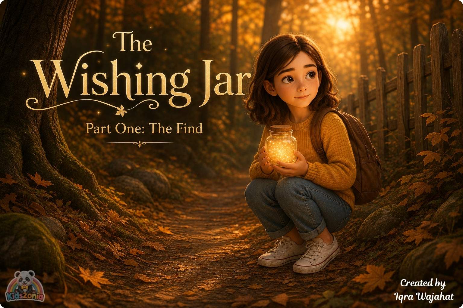 Lila finding a small glowing glass jar under fallen leaves in Henderson Woods, showing hope, sadness, divorce, healing, mystery, and emotional courage.