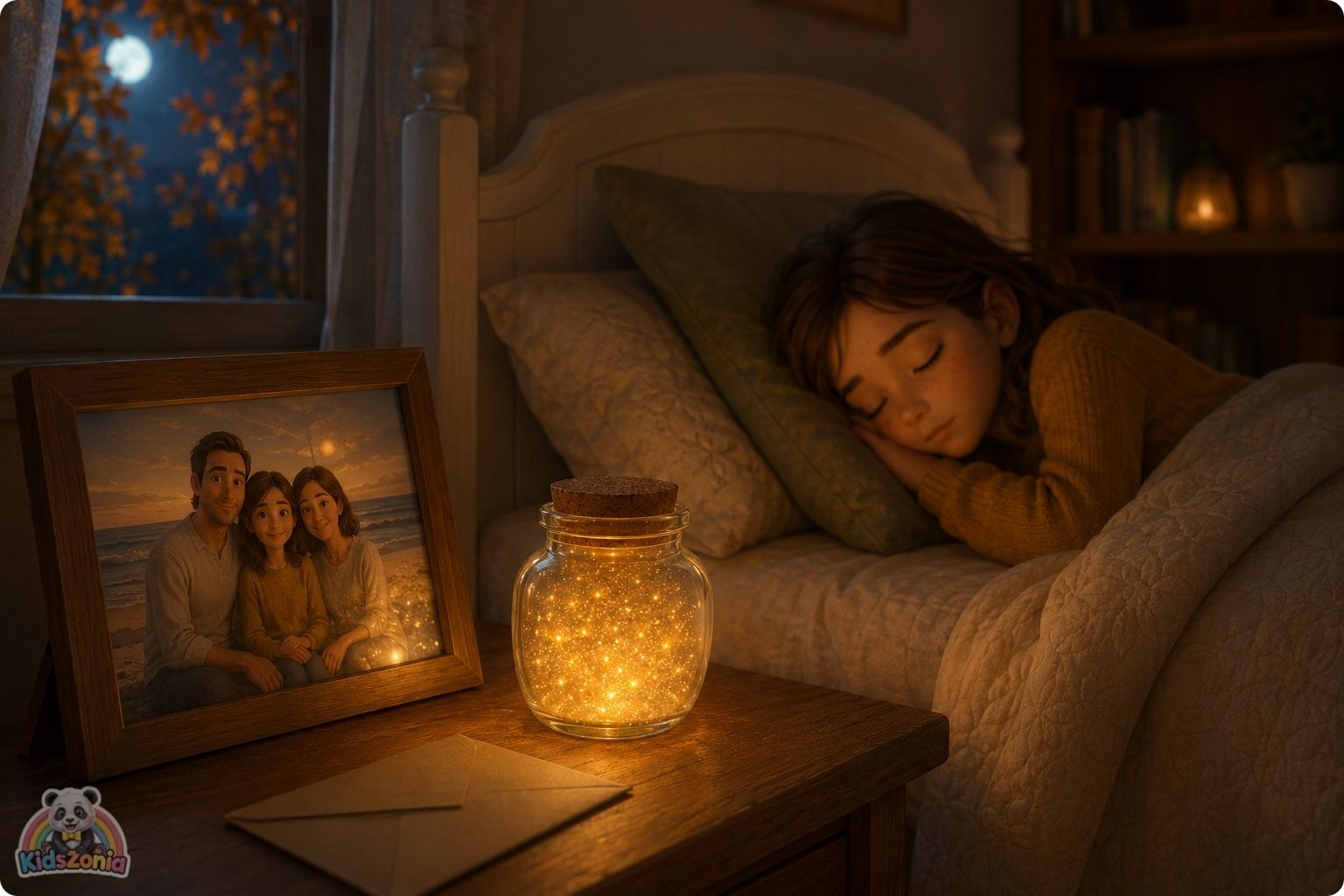Lila sitting beside a glowing wish jar, family photo, and unopened letter, showing hope, grief, family change, wishes, and emotional healing.
