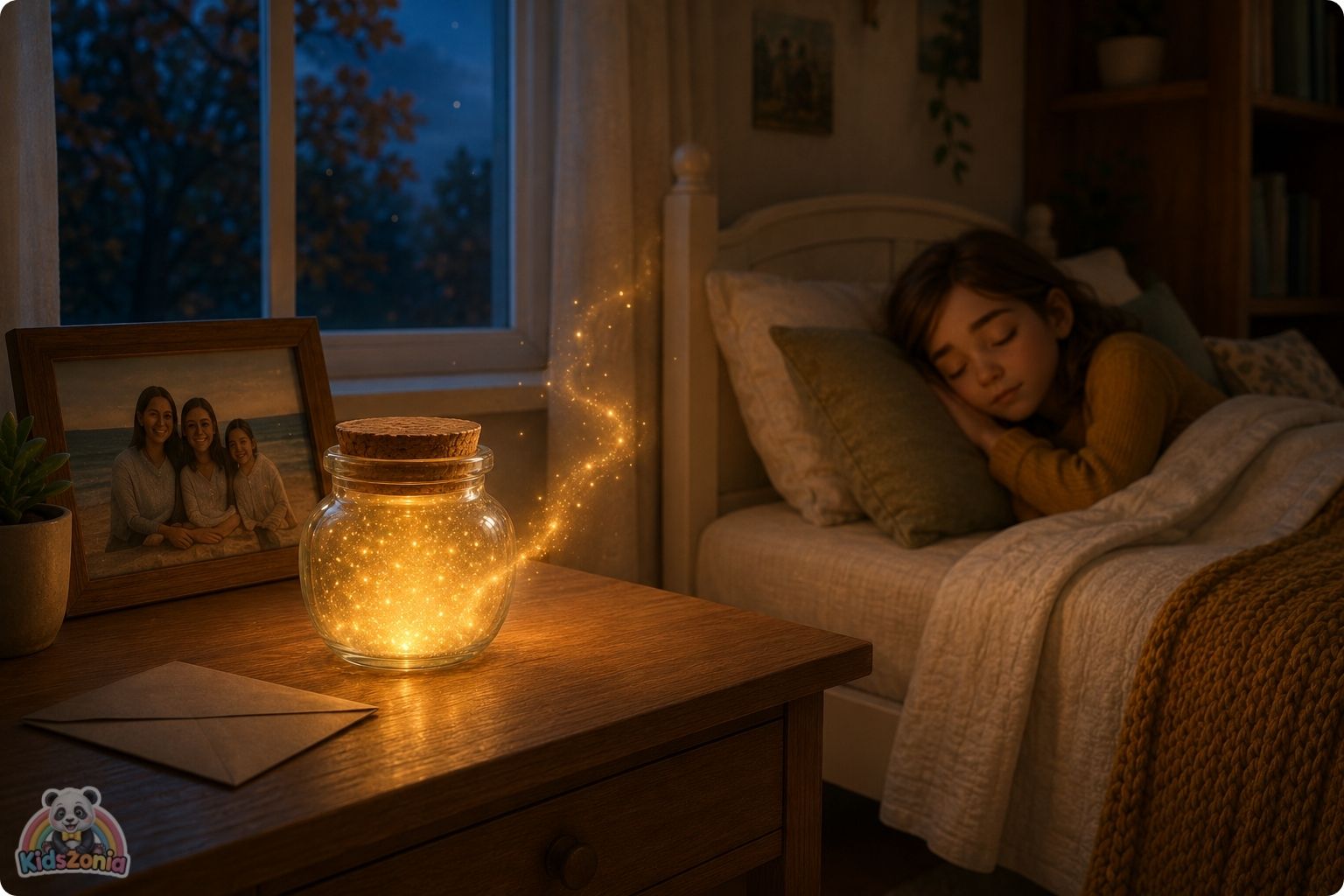 Lila sitting beside a glowing wish jar, family photo, and unopened letter, showing hope, grief, family change, wishes, and emotional healing.