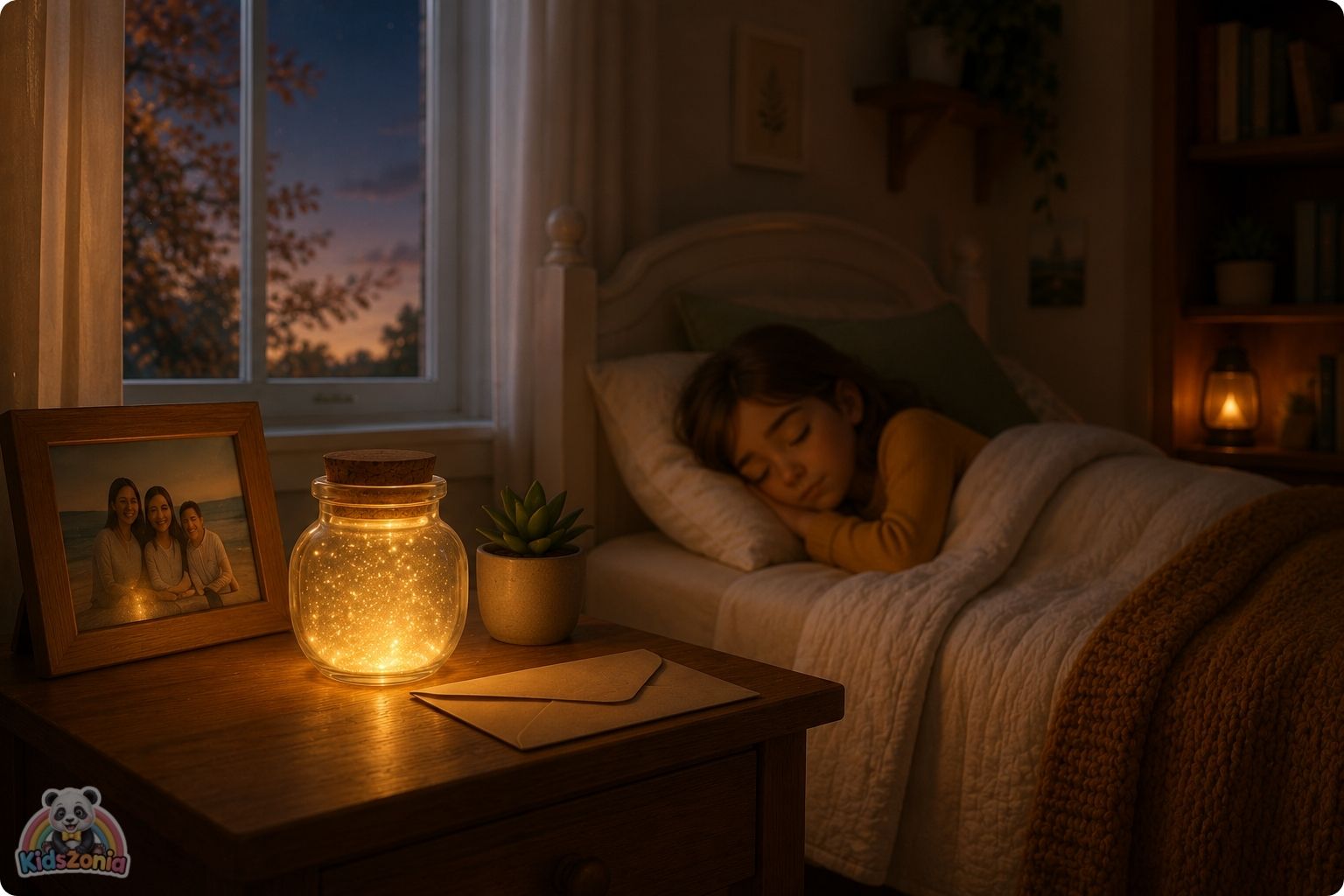 Lila sitting beside a glowing wish jar, family photo, and unopened letter, showing hope, grief, family change, wishes, and emotional healing.