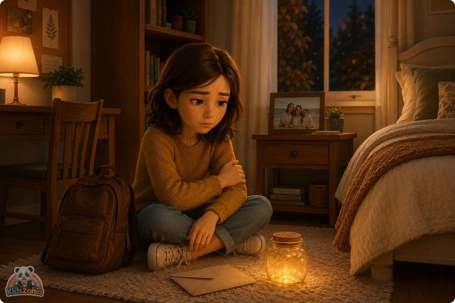 Lila sitting beside a glowing wish jar, family photo, and unopened letter, showing hope, grief, family change, wishes, and emotional healing.