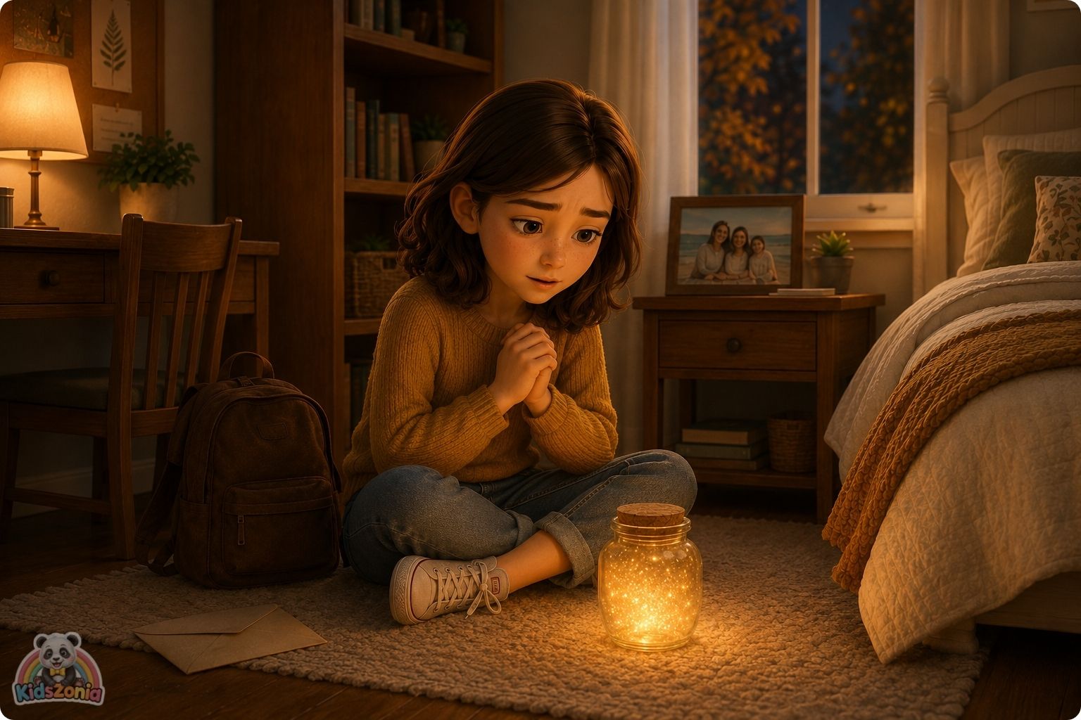 Lila sitting beside a glowing wish jar, family photo, and unopened letter, showing hope, grief, family change, wishes, and emotional healing.