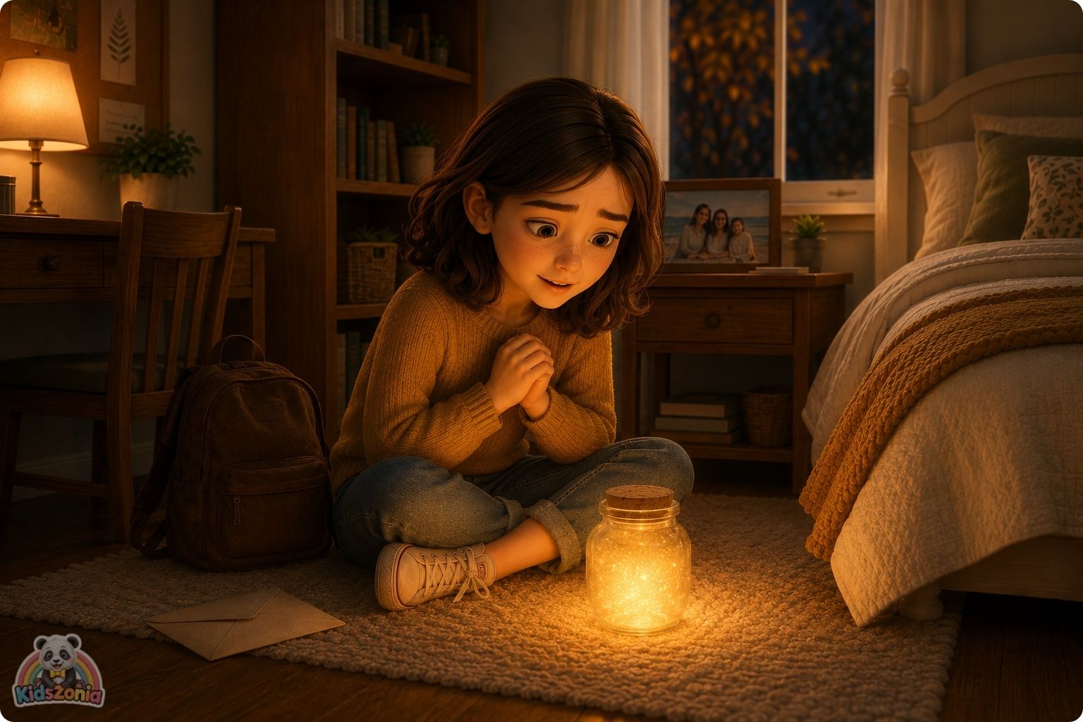 Lila sitting beside a glowing wish jar, family photo, and unopened letter, showing hope, grief, family change, wishes, and emotional healing.