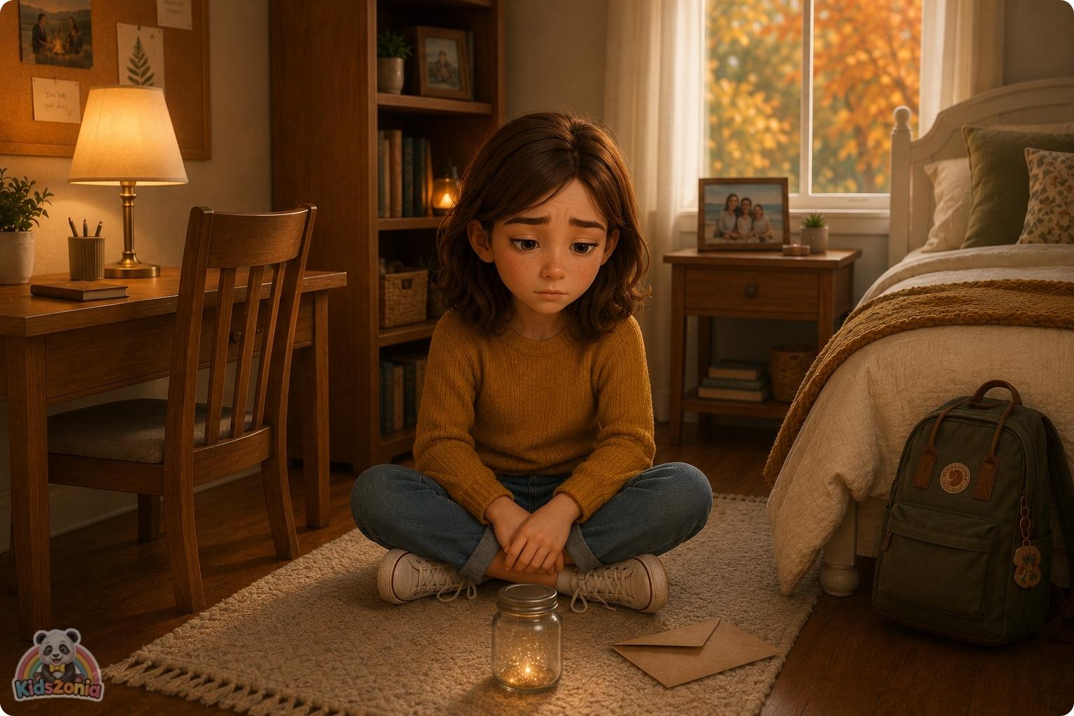 Lila sitting beside a glowing wish jar, family photo, and unopened letter, showing hope, grief, family change, wishes, and emotional healing.