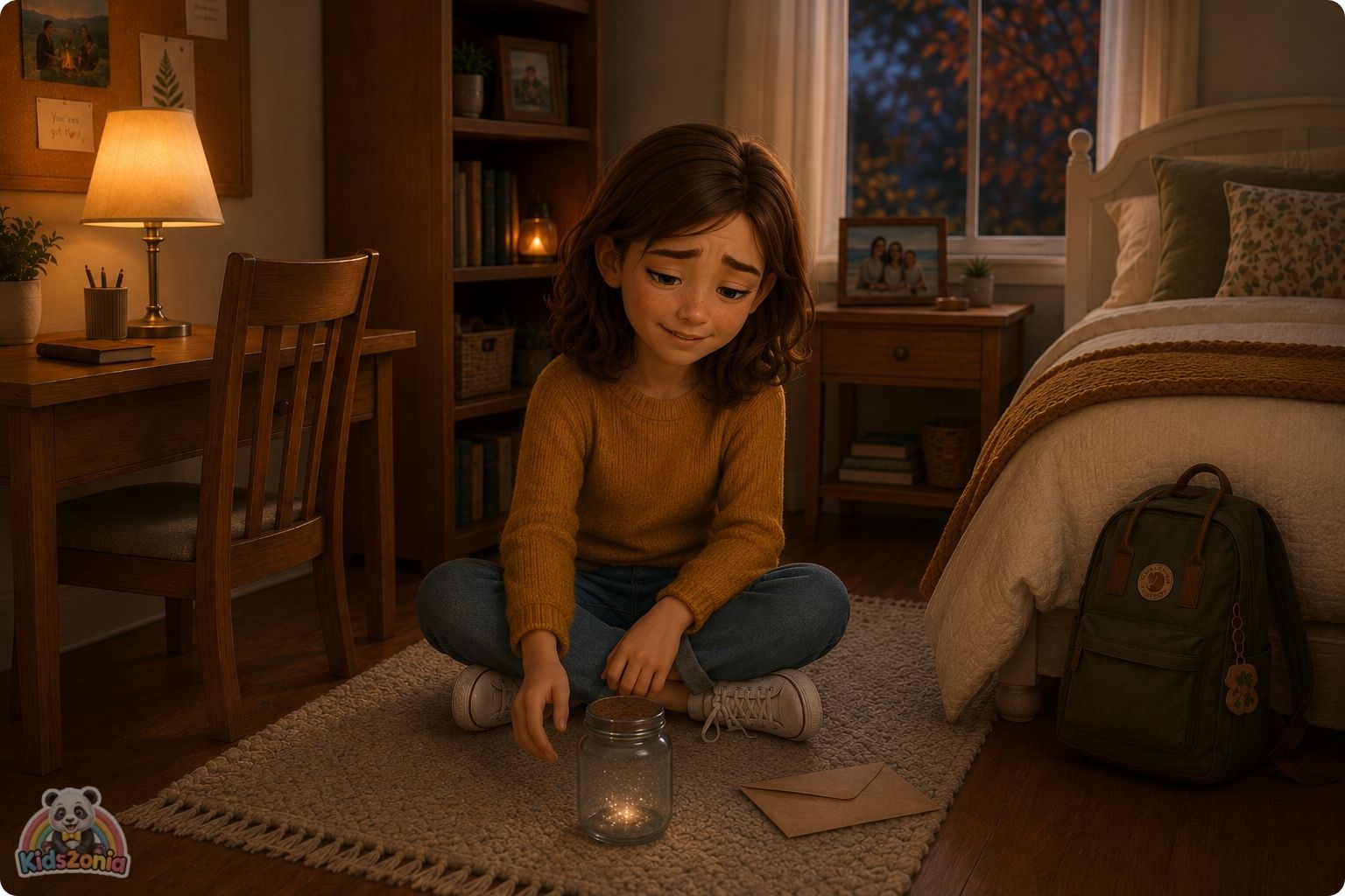 Lila sitting beside a glowing wish jar, family photo, and unopened letter, showing hope, grief, family change, wishes, and emotional healing.