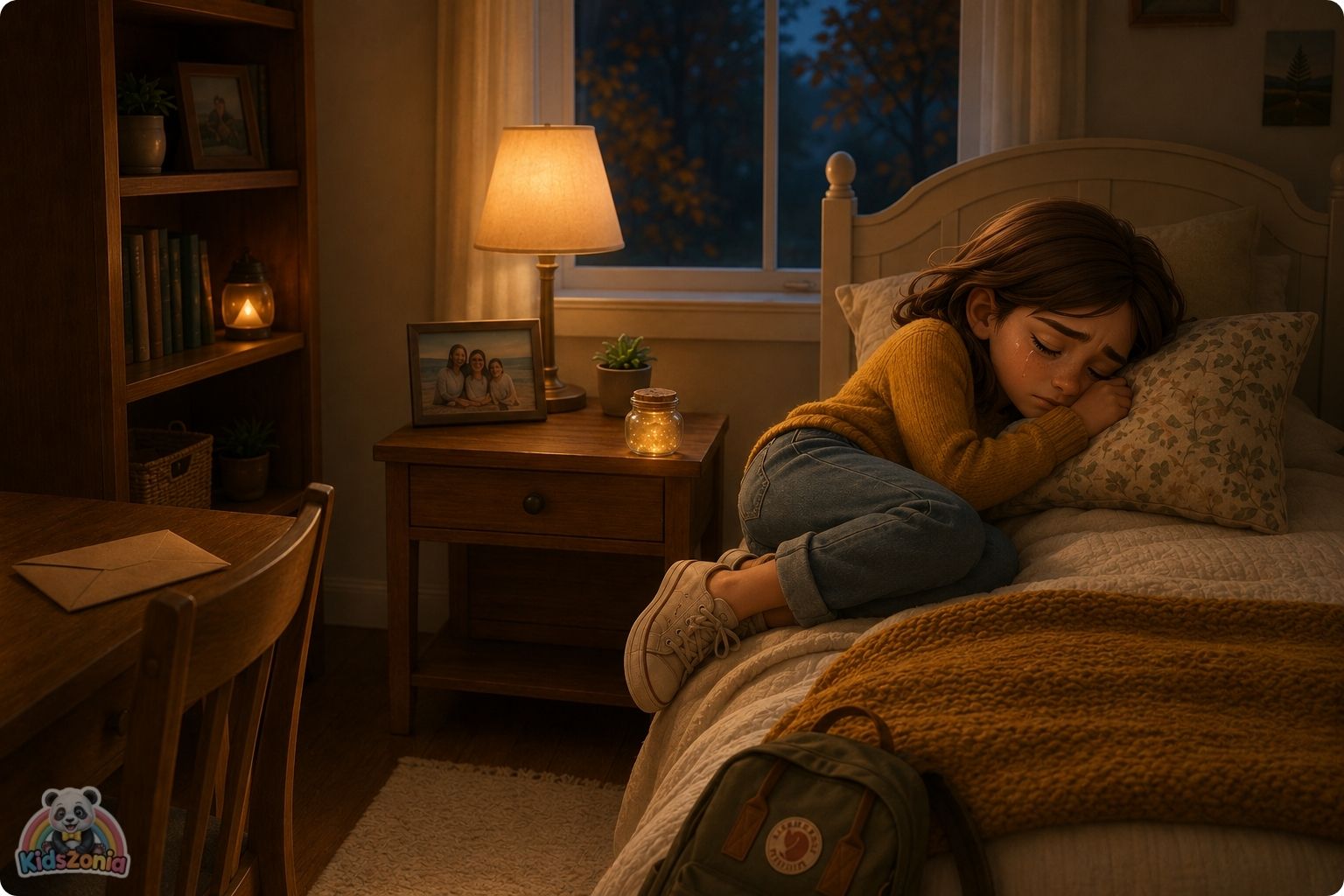 Lila sitting beside a glowing wish jar, family photo, and unopened letter, showing hope, grief, family change, wishes, and emotional healing.