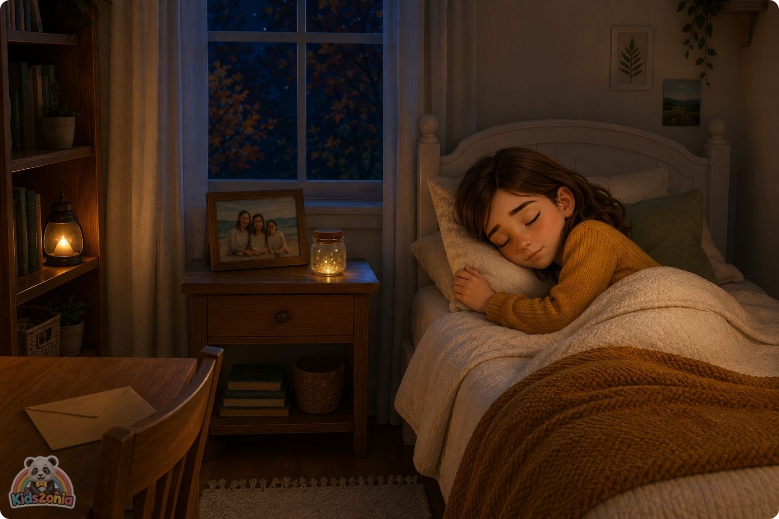 Lila sitting beside a glowing wish jar, family photo, and unopened letter, showing hope, grief, family change, wishes, and emotional healing.