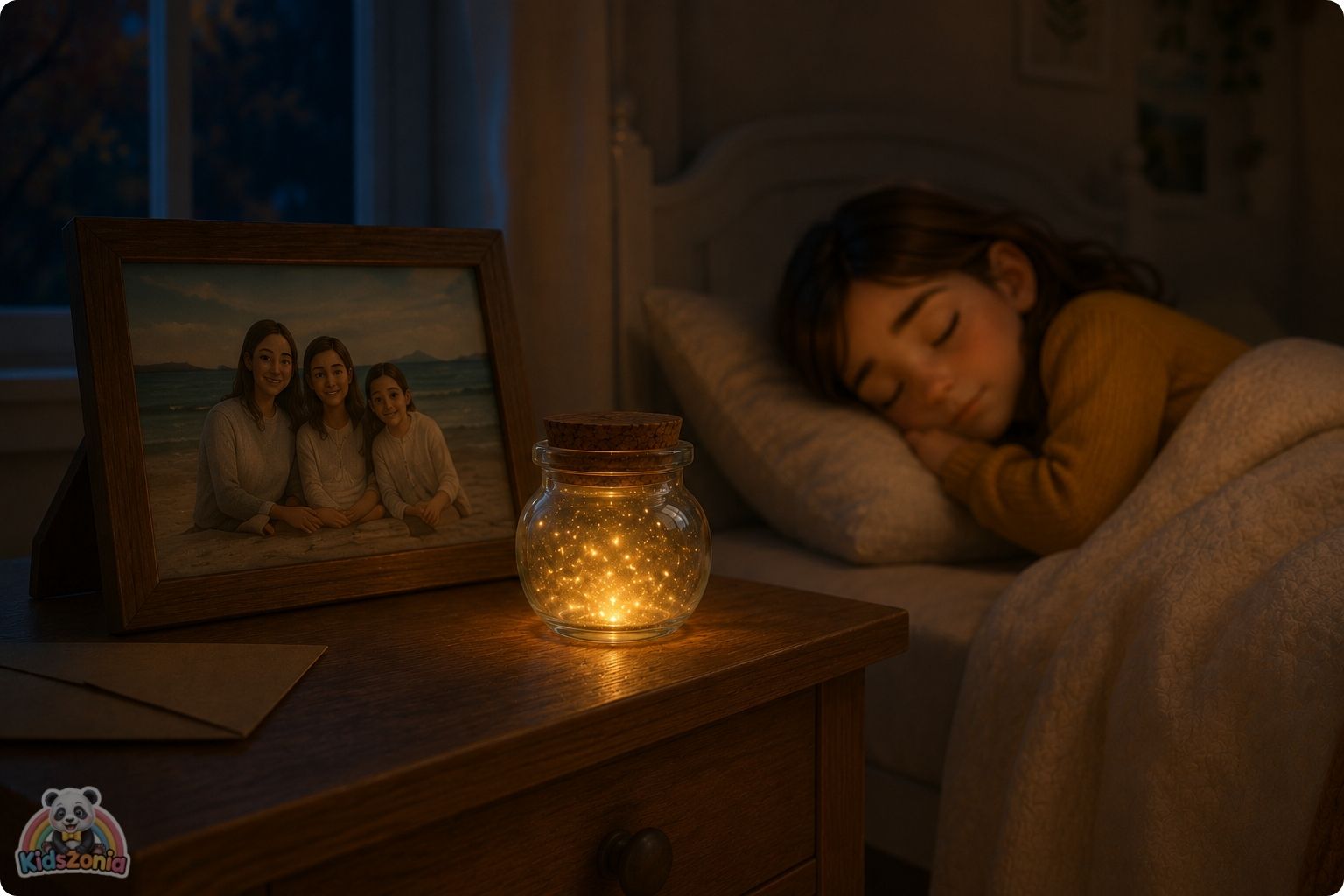 Lila sitting beside a glowing wish jar, family photo, and unopened letter, showing hope, grief, family change, wishes, and emotional healing.
