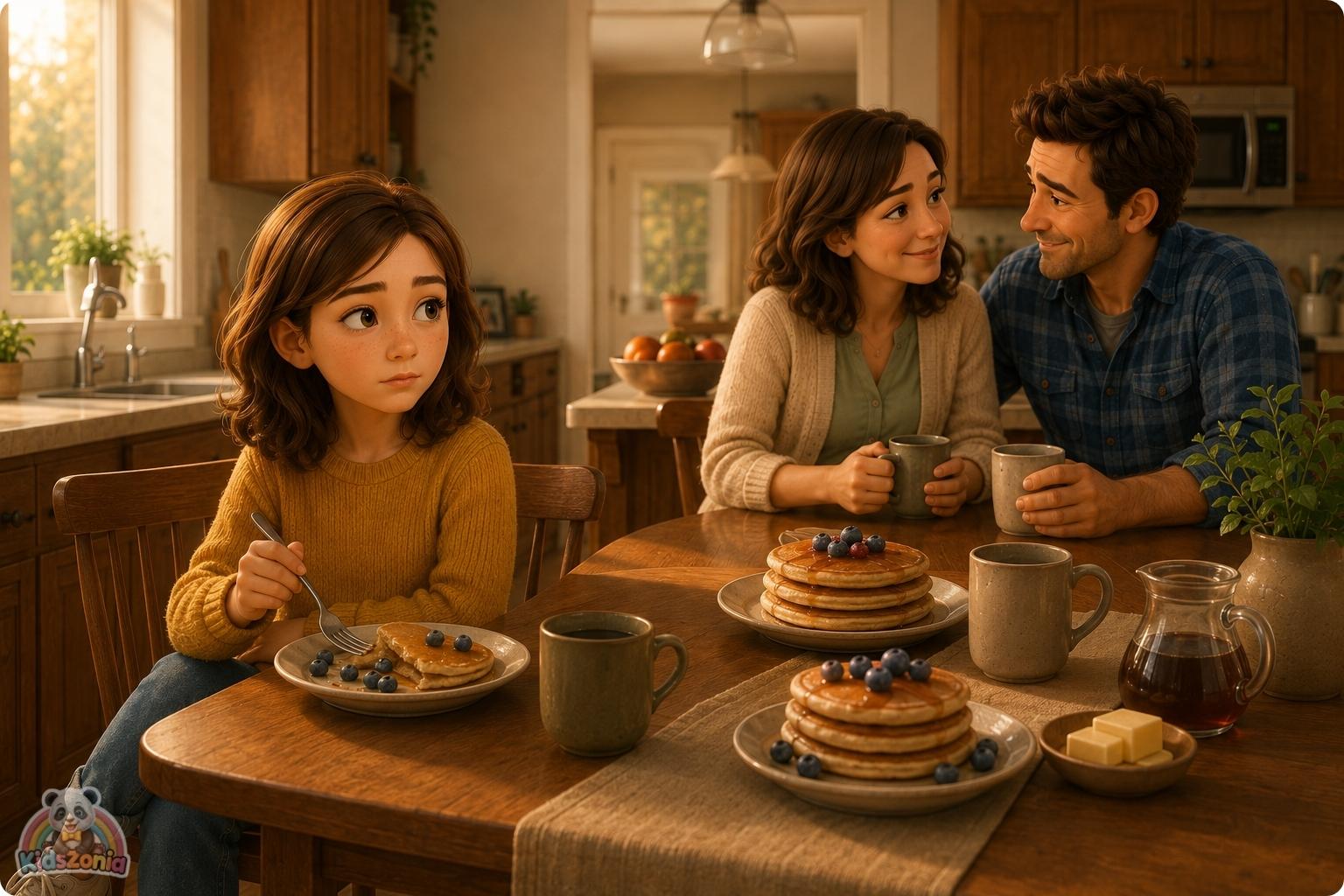 Lila sitting at a sunny kitchen table with blueberry pancakes while her parents smile nearby, showing the difference between perfect dreams and real happiness.