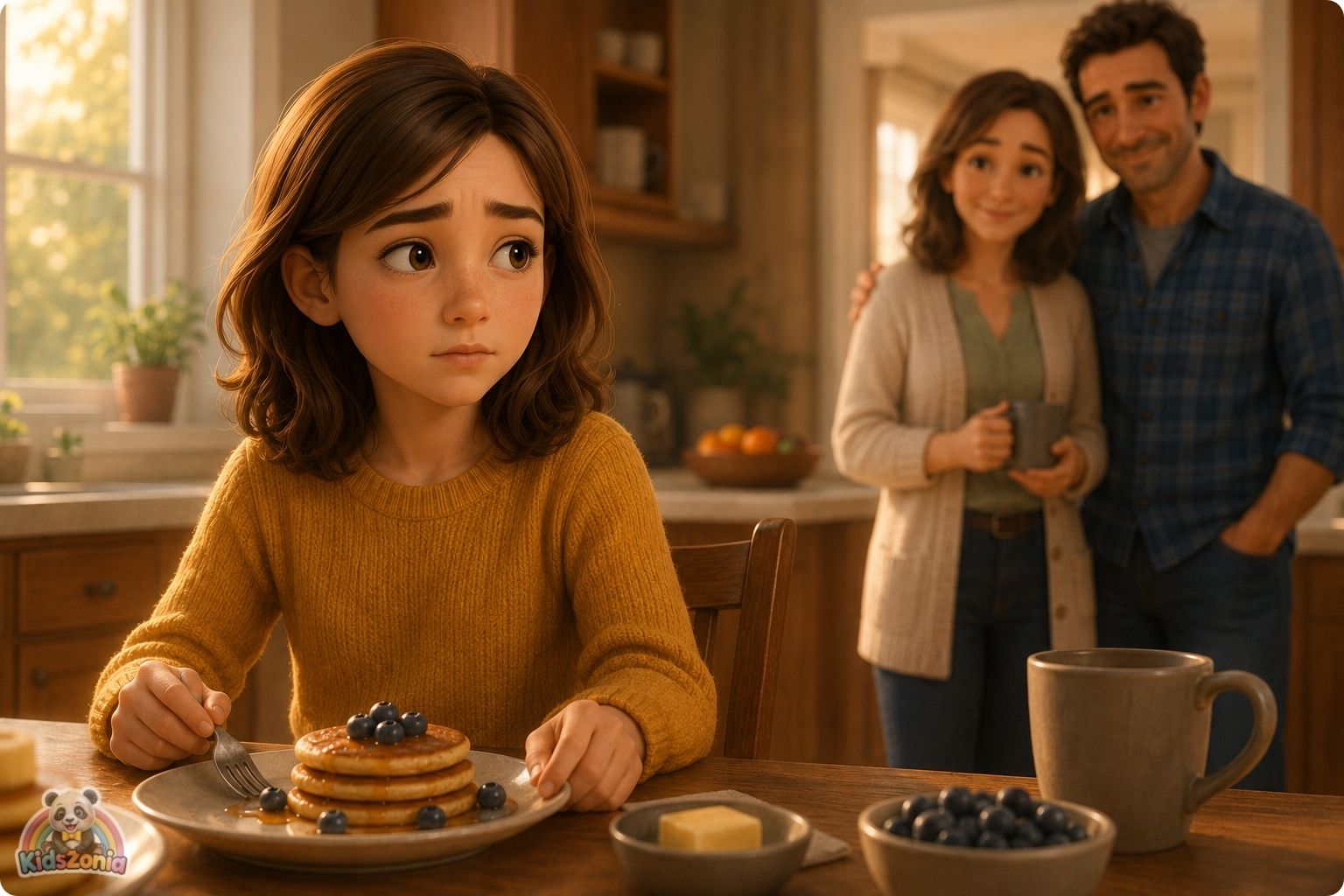 Lila sitting at a sunny kitchen table with blueberry pancakes while her parents smile nearby, showing the difference between perfect dreams and real happiness.