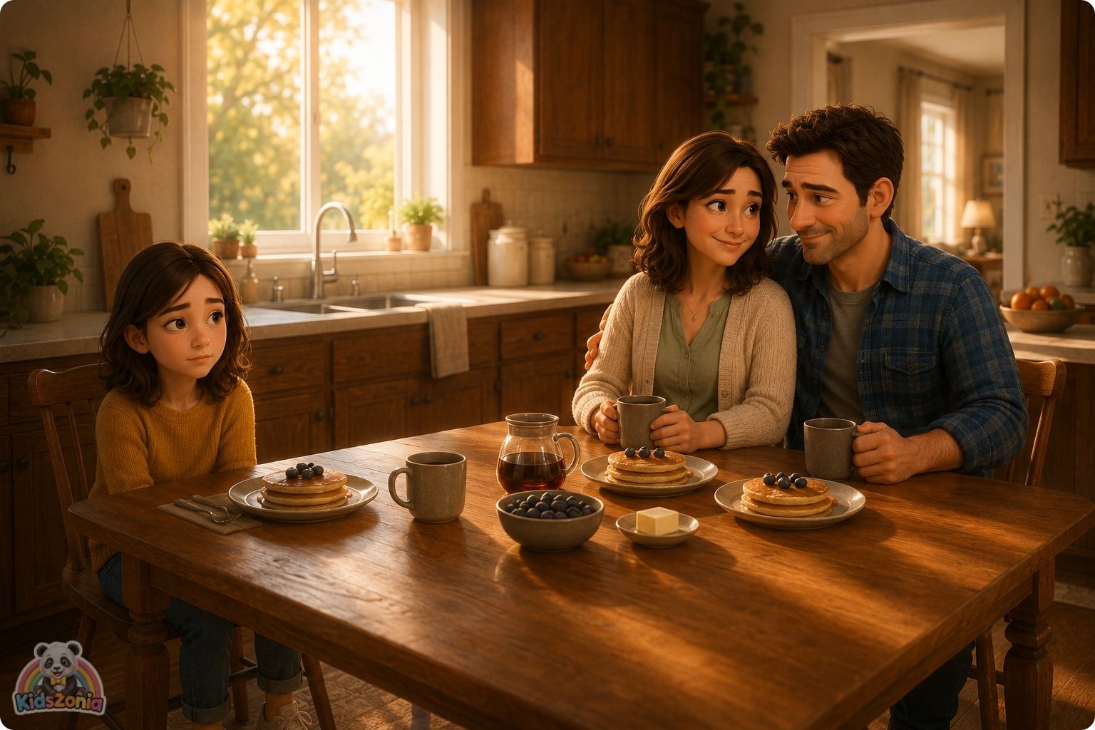 Lila sitting at a sunny kitchen table with blueberry pancakes while her parents smile nearby, showing the difference between perfect dreams and real happiness.