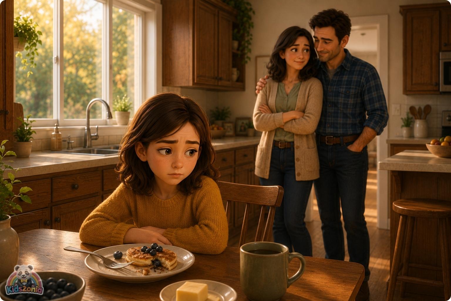 Lila sitting at a sunny kitchen table with blueberry pancakes while her parents smile nearby, showing the difference between perfect dreams and real happiness.