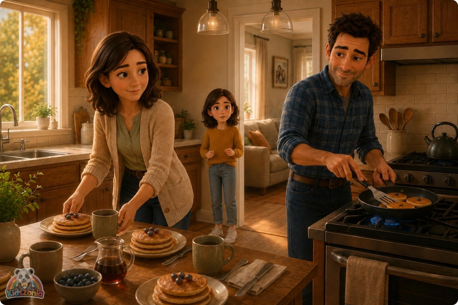 Lila sitting at a sunny kitchen table with blueberry pancakes while her parents smile nearby, showing the difference between perfect dreams and real happiness.