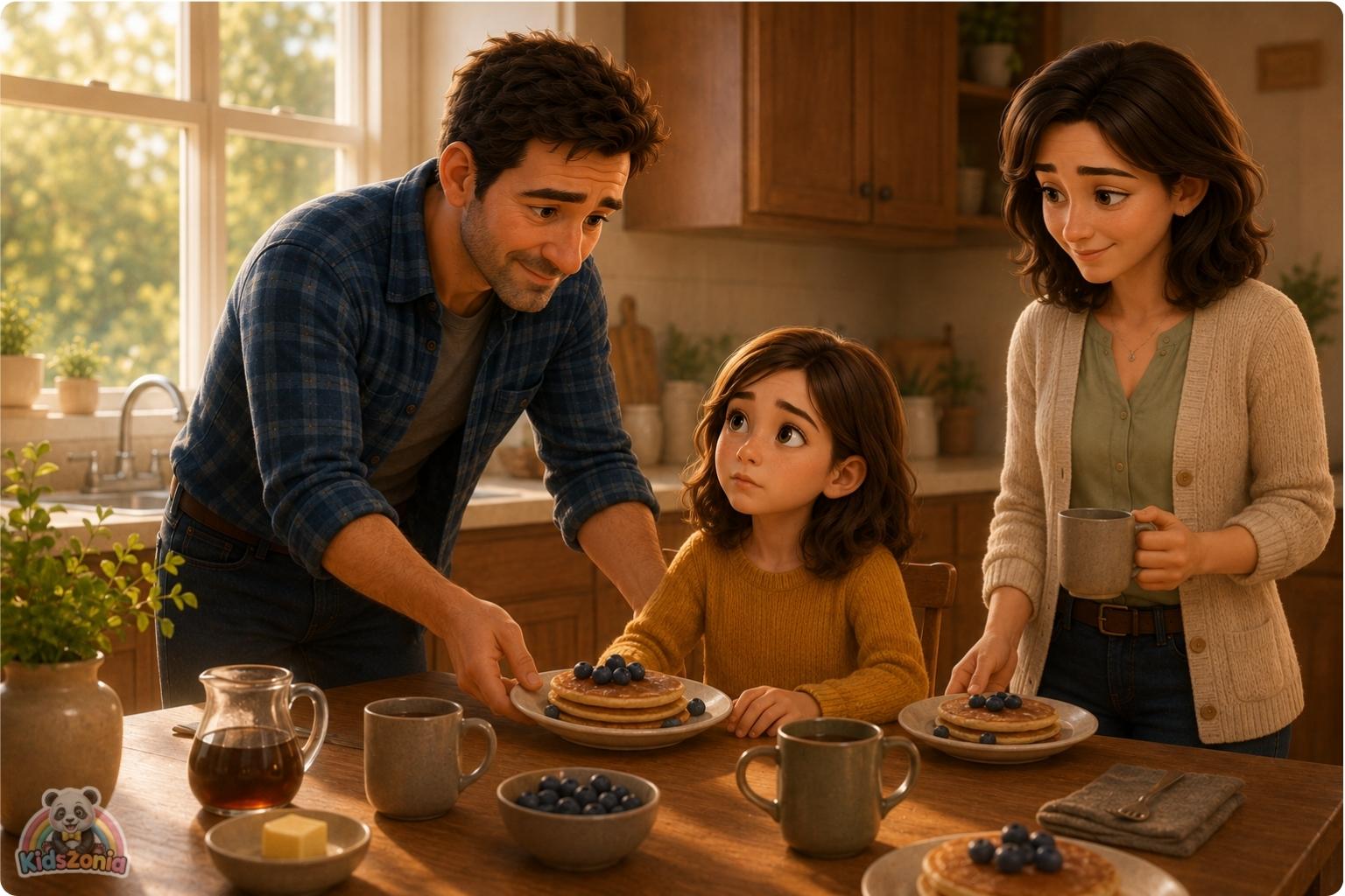 Lila sitting at a sunny kitchen table with blueberry pancakes while her parents smile nearby, showing the difference between perfect dreams and real happiness.