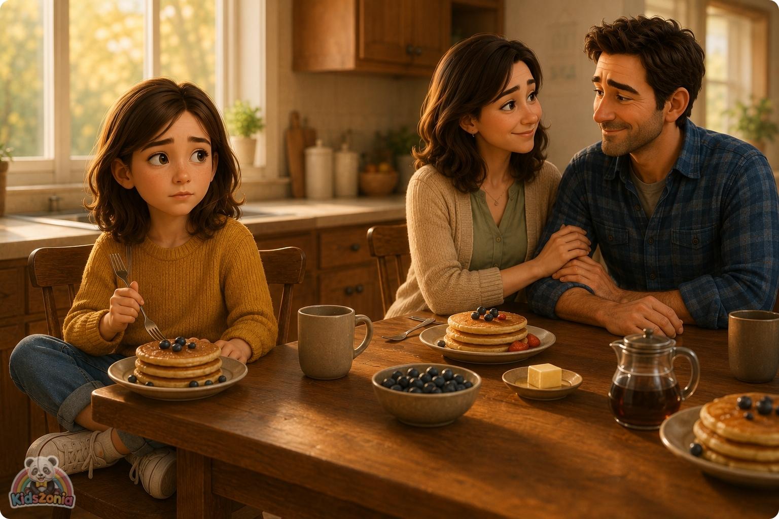 Lila sitting at a sunny kitchen table with blueberry pancakes while her parents smile nearby, showing the difference between perfect dreams and real happiness.