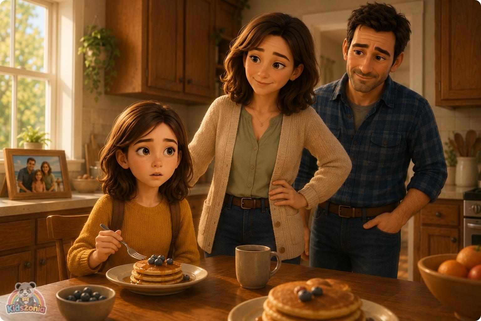 Lila sitting at a sunny kitchen table with blueberry pancakes while her parents smile nearby, showing the difference between perfect dreams and real happiness.