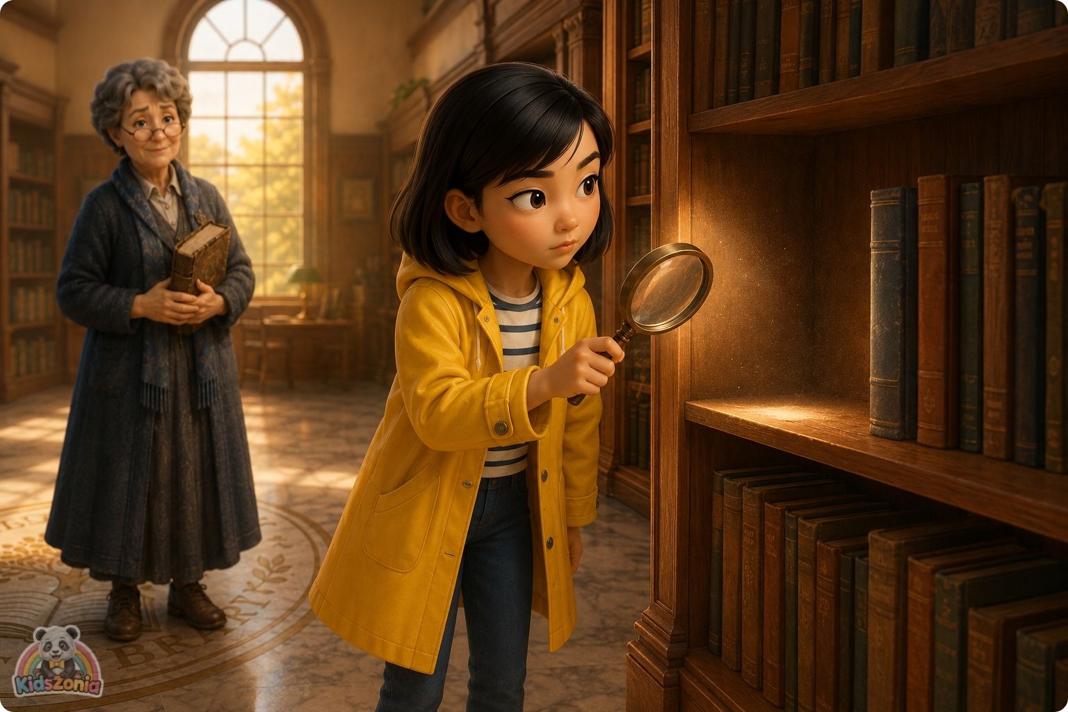 Zara Chen studying damaged library books with missing pages, showing mystery, observation, curiosity, and problem-solving in Willowbrook Public Library.