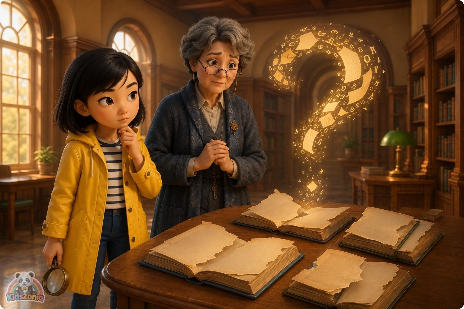 Zara Chen studying damaged library books with missing pages, showing mystery, observation, curiosity, and problem-solving in Willowbrook Public Library.
