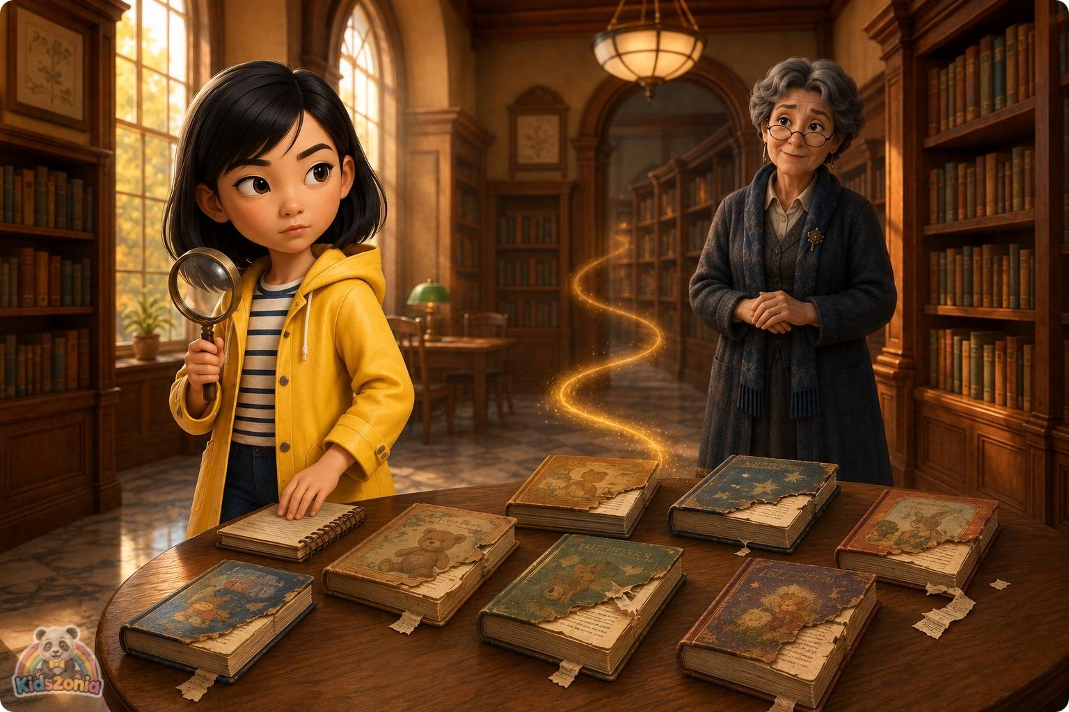 Zara Chen studying damaged library books with missing pages, showing mystery, observation, curiosity, and problem-solving in Willowbrook Public Library.