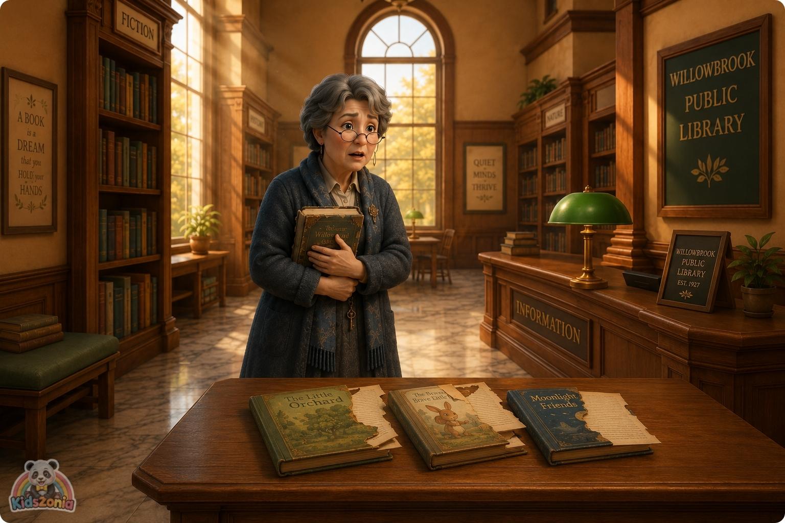 Zara Chen studying damaged library books with missing pages, showing mystery, observation, curiosity, and problem-solving in Willowbrook Public Library.