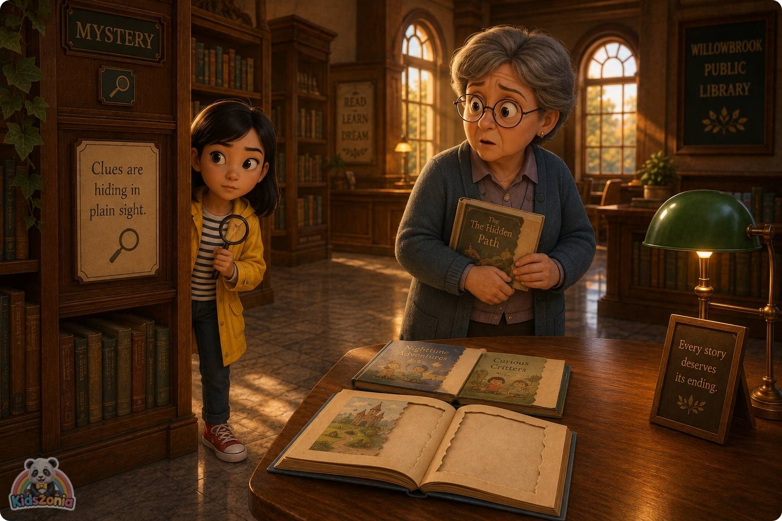 Zara Chen studying damaged library books with missing pages, showing mystery, observation, curiosity, and problem-solving in Willowbrook Public Library.