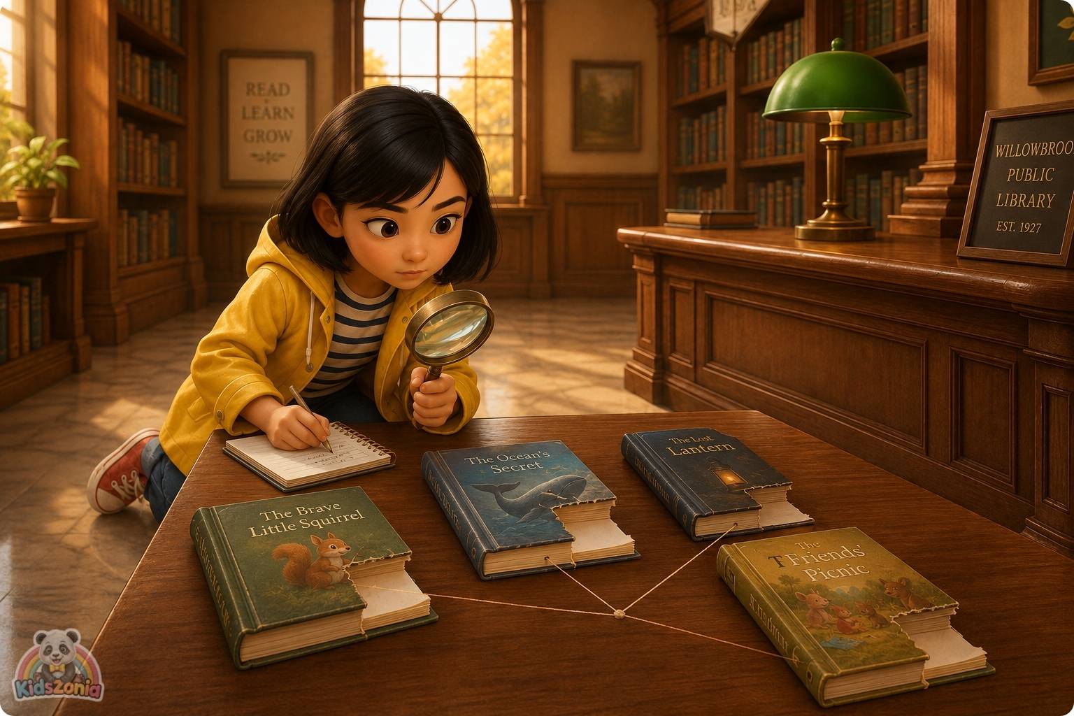 Zara Chen studying damaged library books with missing pages, showing mystery, observation, curiosity, and problem-solving in Willowbrook Public Library.