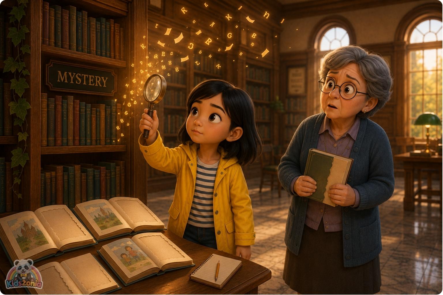 Zara Chen studying damaged library books with missing pages, showing mystery, observation, curiosity, and problem-solving in Willowbrook Public Library.
