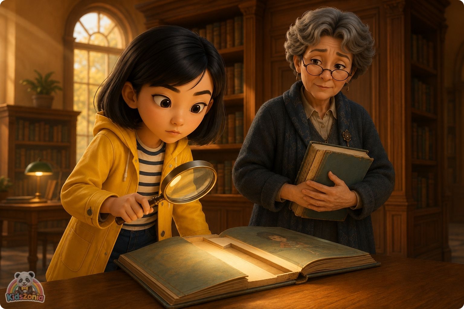Zara Chen studying damaged library books with missing pages, showing mystery, observation, curiosity, and problem-solving in Willowbrook Public Library.