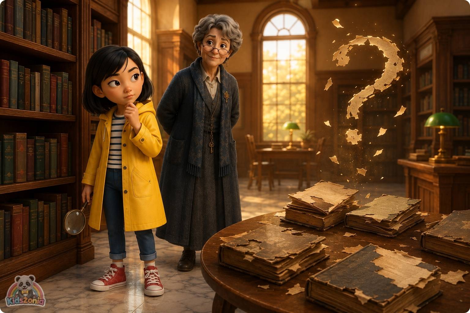 Zara Chen studying damaged library books with missing pages, showing mystery, observation, curiosity, and problem-solving in Willowbrook Public Library.