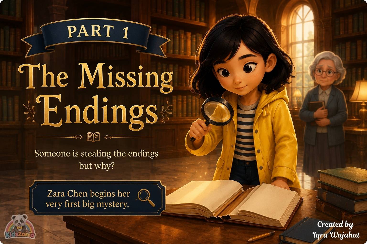 Zara Chen studying damaged library books with missing pages, showing mystery, observation, curiosity, and problem-solving in Willowbrook Public Library.