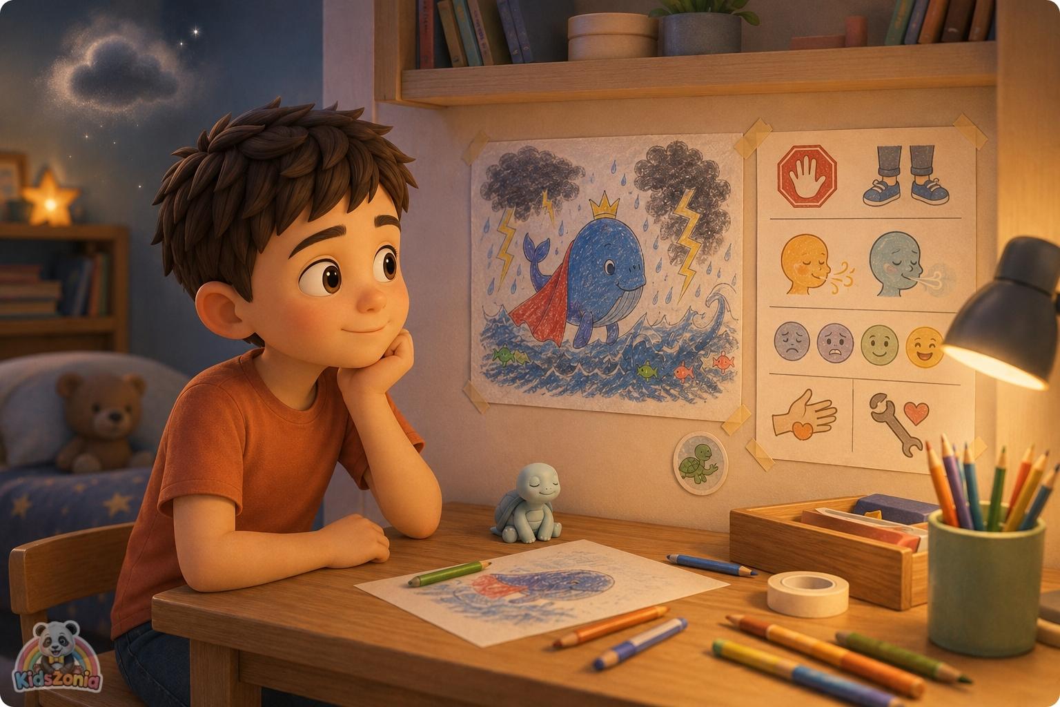 Sam calming down in a classroom Calm Corner, showing emotional regulation, anger management, and safe big feelings.