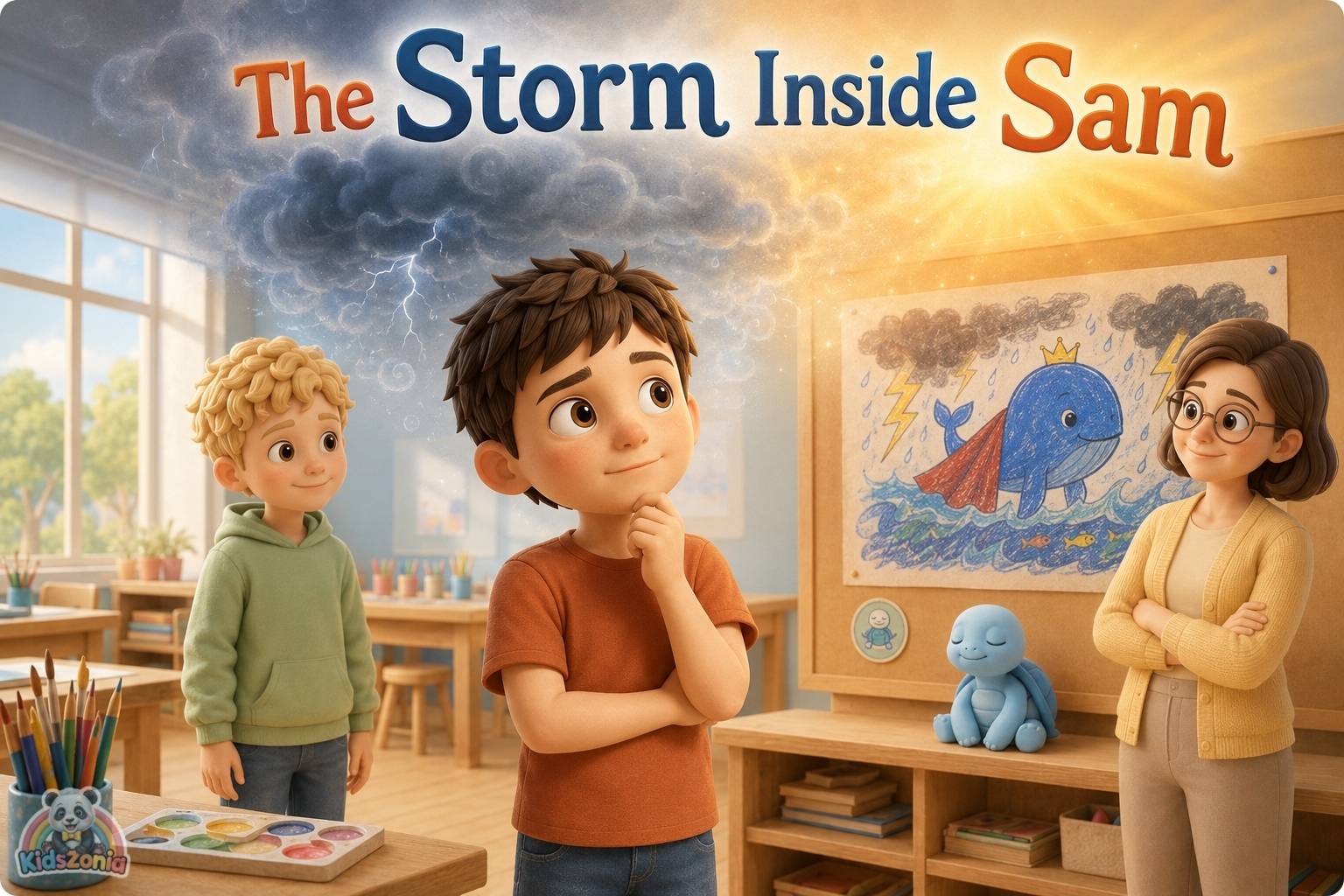 Sam calming down in a classroom Calm Corner, showing emotional regulation, anger management, and safe big feelings.
