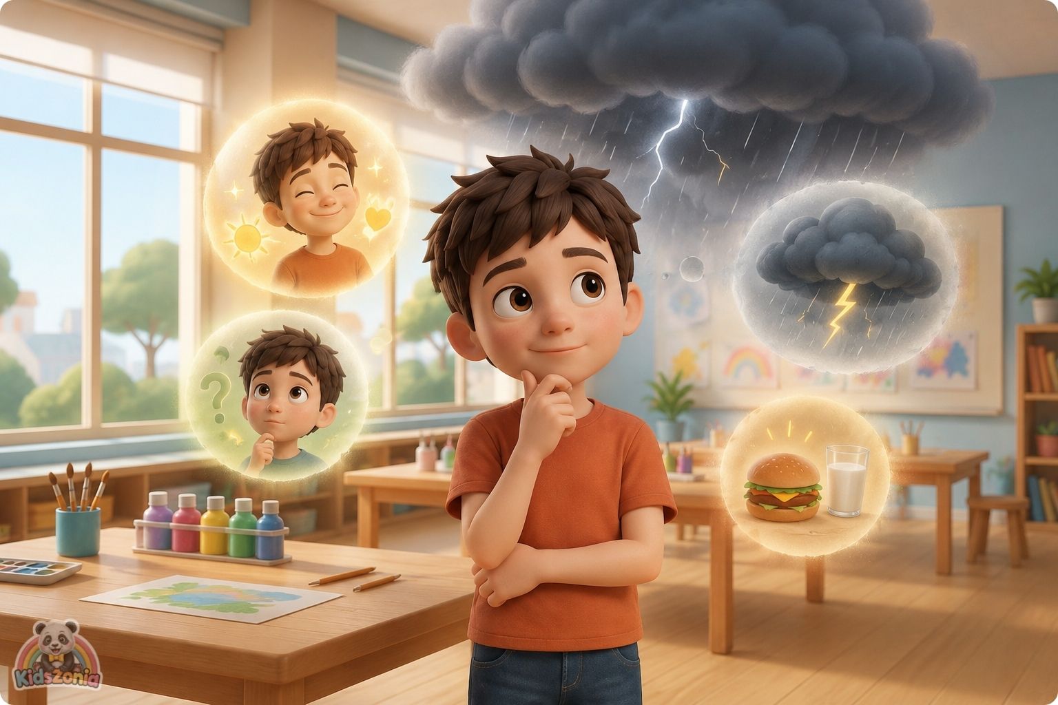 Sam calming down in a classroom Calm Corner, showing emotional regulation, anger management, and safe big feelings.