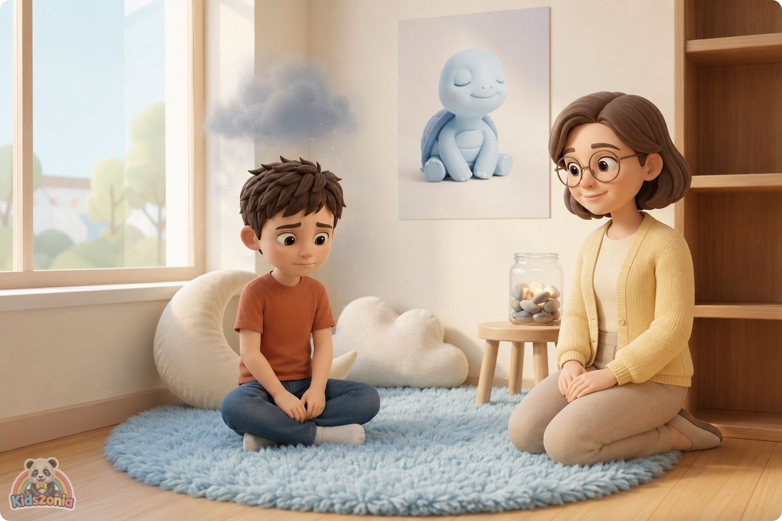 Sam calming down in a classroom Calm Corner, showing emotional regulation, anger management, and safe big feelings.
