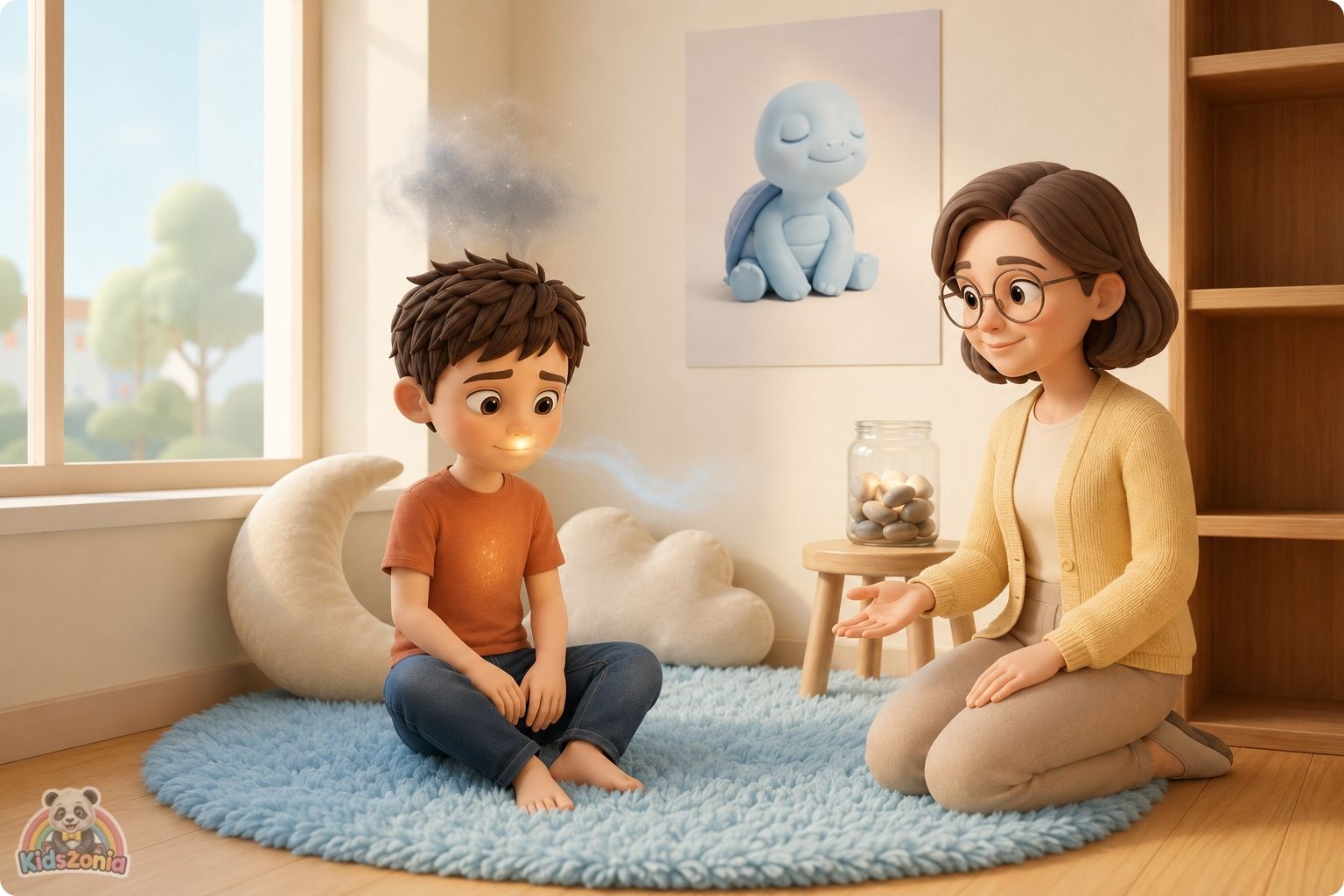 Sam calming down in a classroom Calm Corner, showing emotional regulation, anger management, and safe big feelings.
