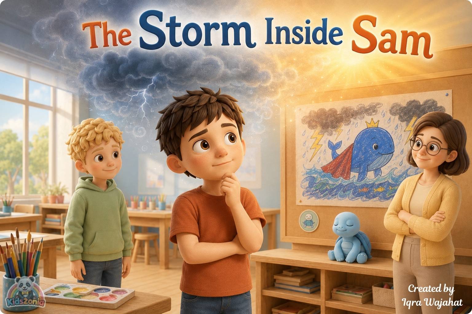 Sam calming down in a classroom Calm Corner, showing emotional regulation, anger management, and safe big feelings.