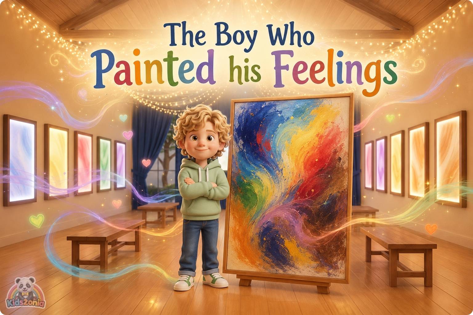 Leo standing beside his colorful feelings painting at a school art show, showing emotional expression, creativity, and courage.