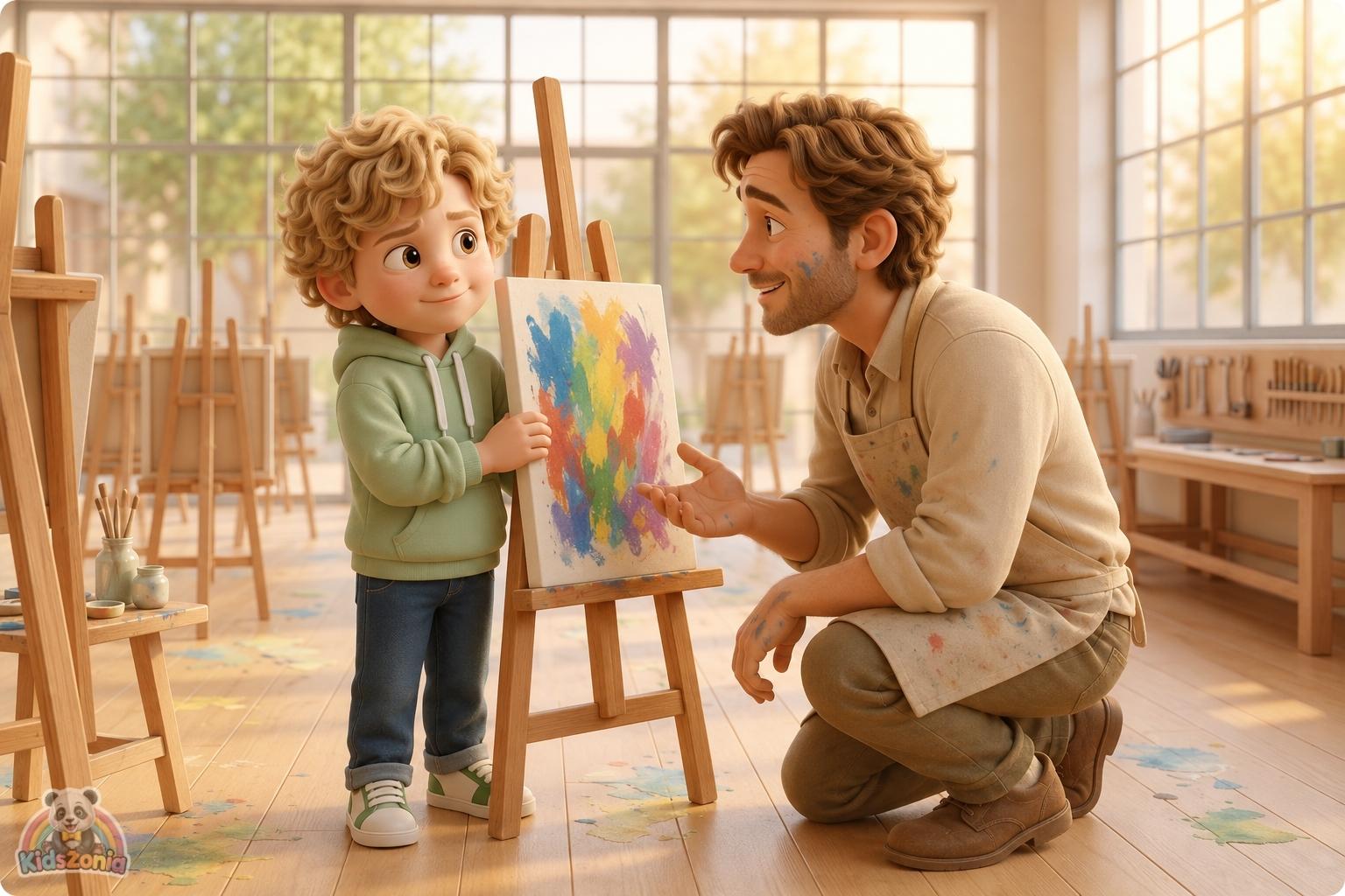Leo standing beside his colorful feelings painting at a school art show, showing emotional expression, creativity, and courage.