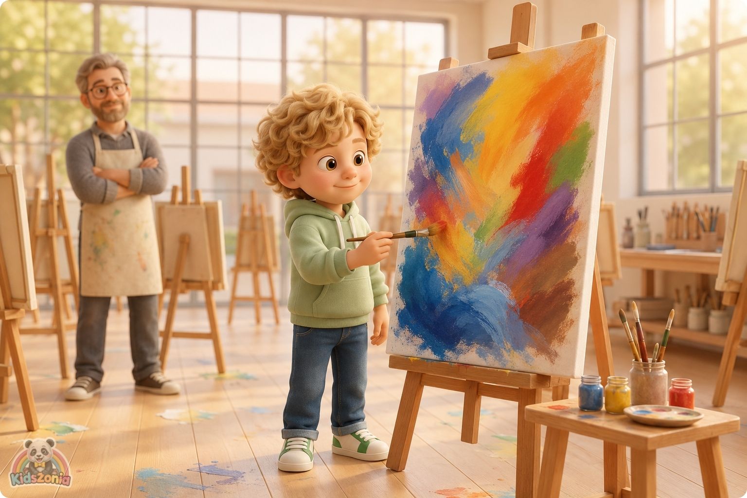 Leo standing beside his colorful feelings painting at a school art show, showing emotional expression, creativity, and courage.