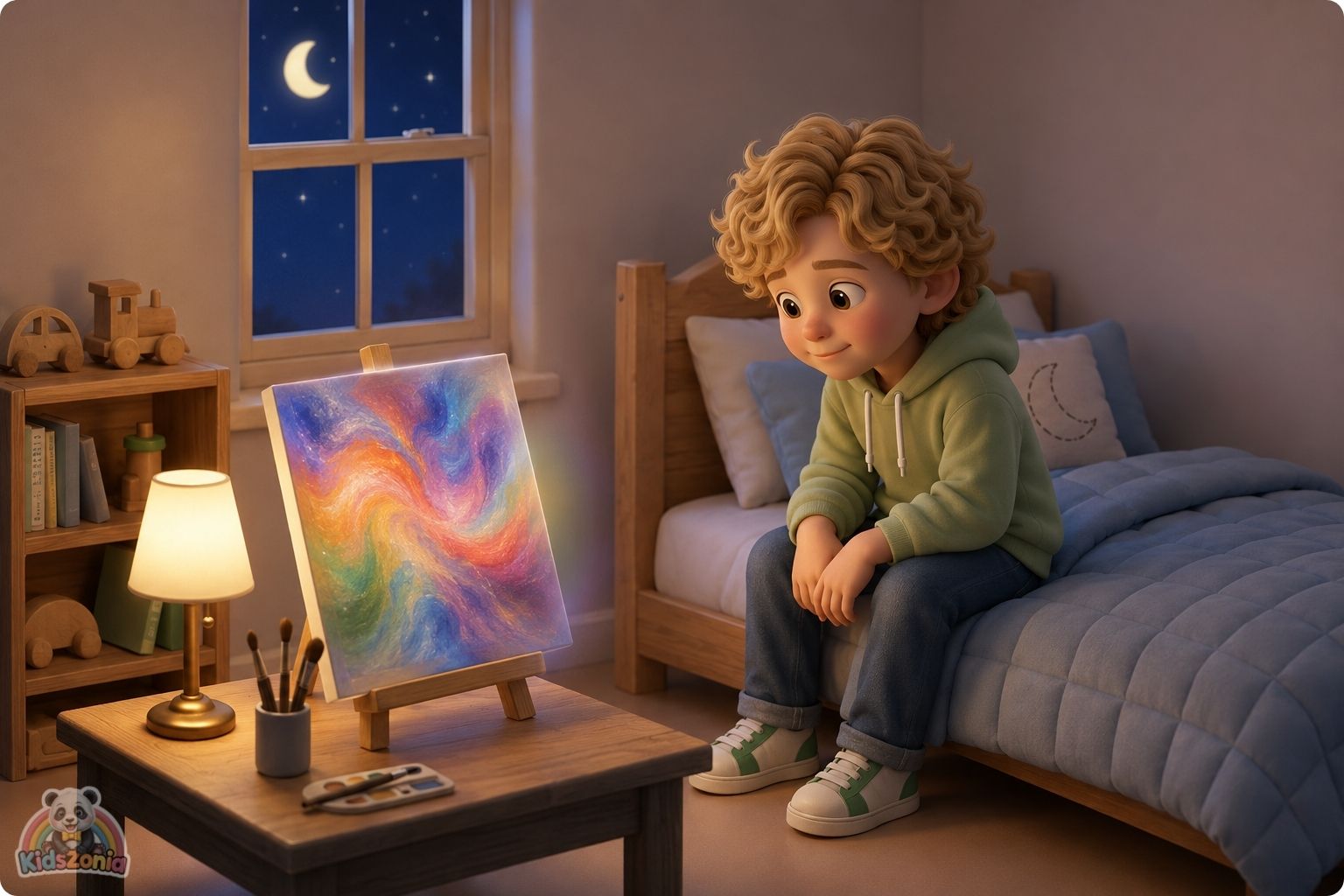 Leo standing beside his colorful feelings painting at a school art show, showing emotional expression, creativity, and courage.