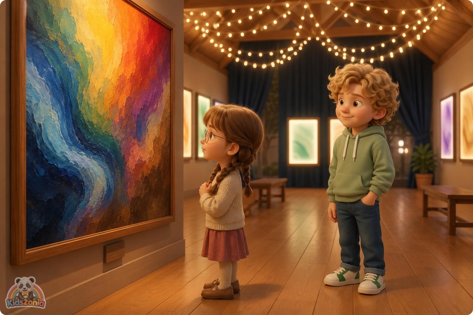 Leo standing beside his colorful feelings painting at a school art show, showing emotional expression, creativity, and courage.
