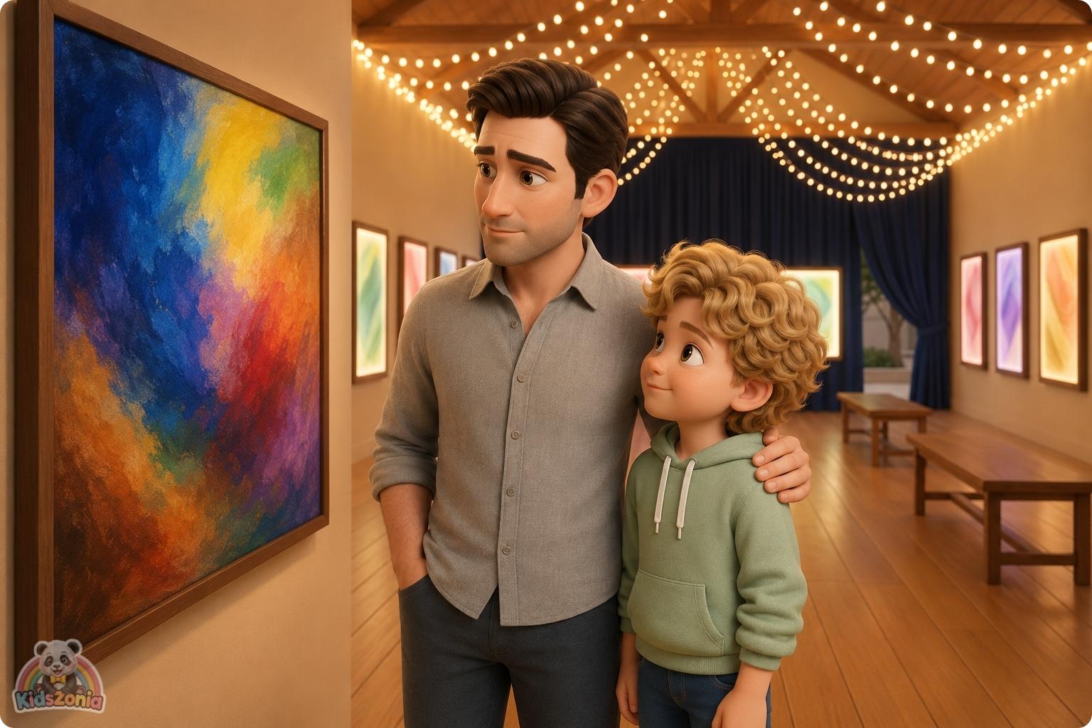 Leo standing beside his colorful feelings painting at a school art show, showing emotional expression, creativity, and courage.