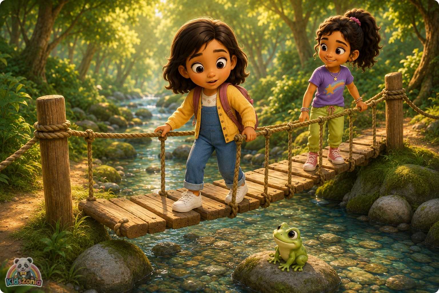 Maya crossing a small rope bridge with support, showing courage, confidence, and brave little steps.