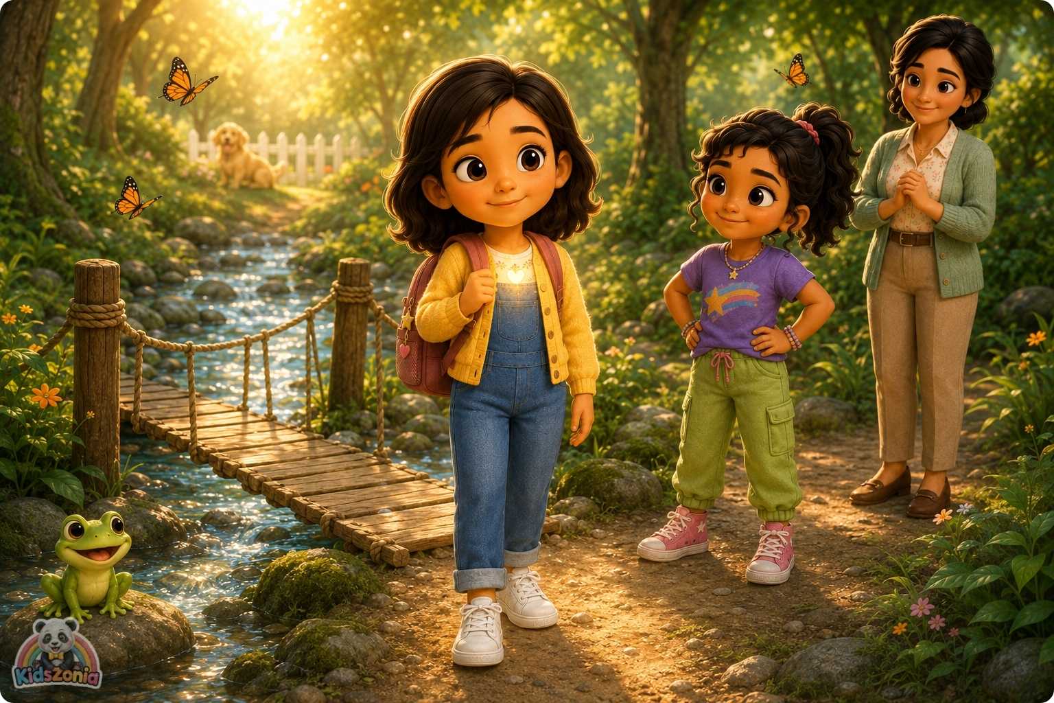 Maya crossing a small rope bridge with support, showing courage, confidence, and brave little steps.