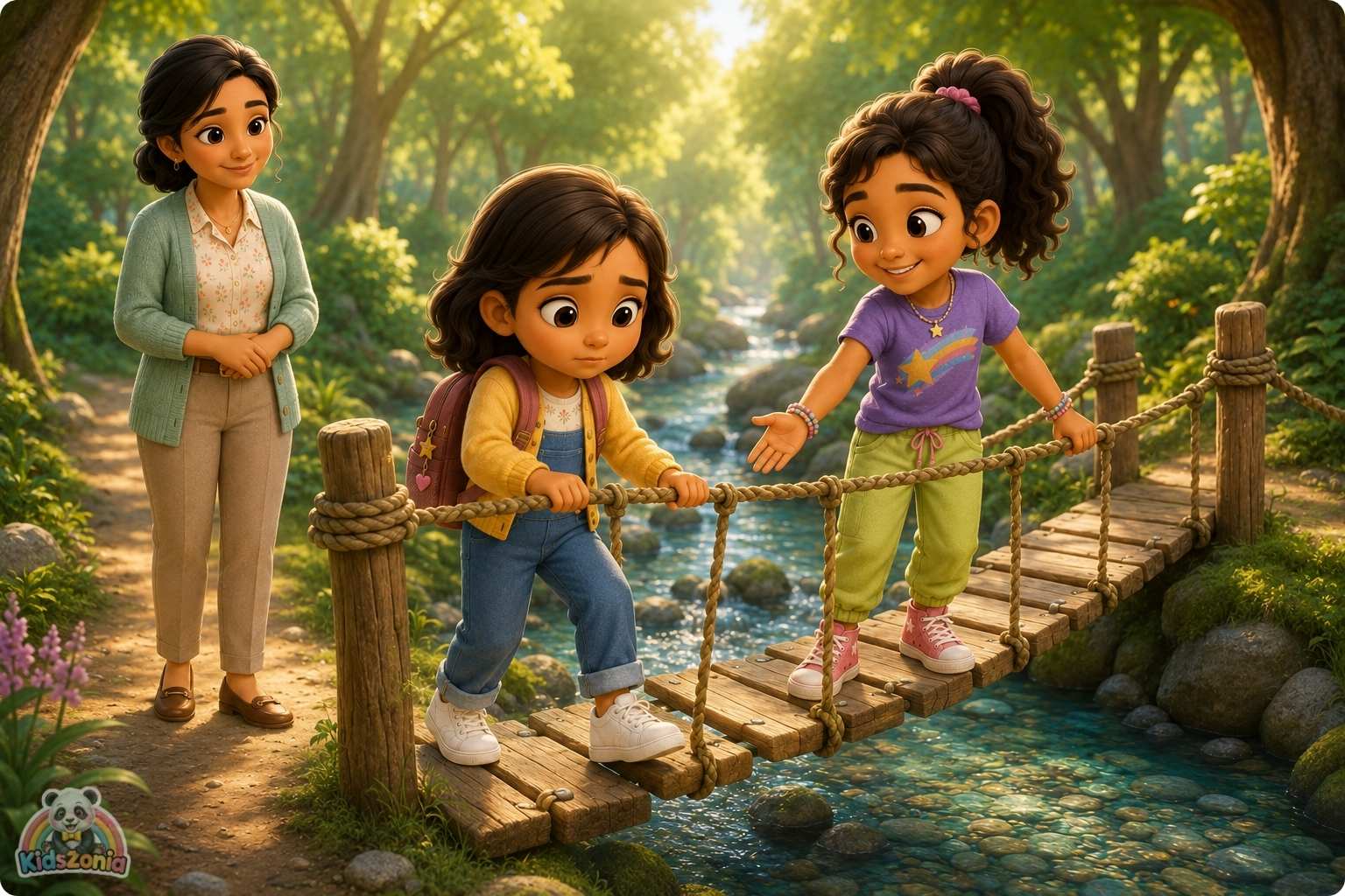 Maya crossing a small rope bridge with support, showing courage, confidence, and brave little steps.